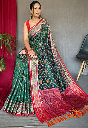 Patola Printed Art Silk Saree in Dark Green