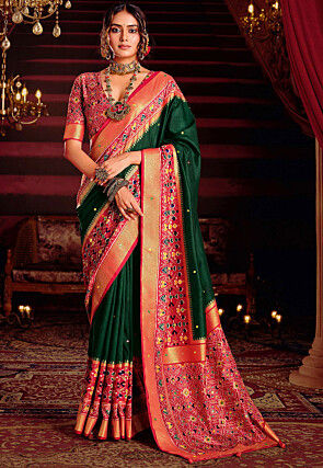 Patola Printed Art Silk Saree in Dark Green
