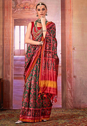 Patola Printed Art Silk Saree in Dark Green