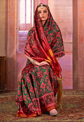Patola Printed Art Silk Saree in Dark Green