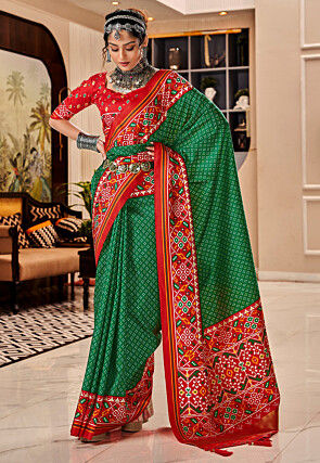 Patola Printed Art Silk Saree in Dark Green