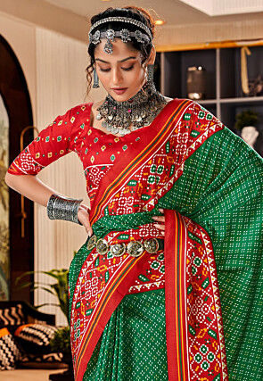 Patola Printed Art Silk Saree in Dark Green