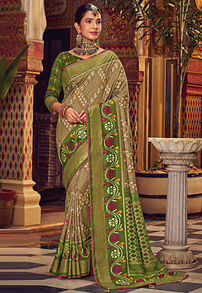 Patola Printed Art Silk Saree in Fawn