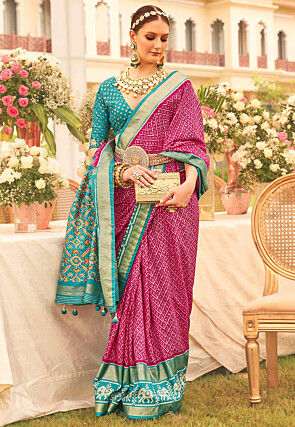 Patola Printed Art Silk Saree in Fuchsia
