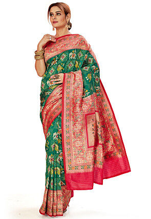 Patola Printed Art Silk Saree in Green
