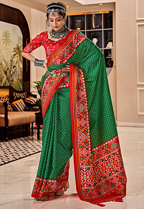 Patola Printed Art Silk Saree in Green