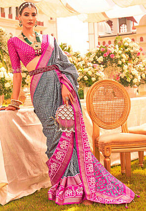 Patola Printed Art Silk Saree in Grey