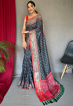 Patola Printed Art Silk Saree in Grey