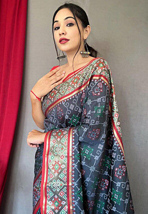 Patola Printed Art Silk Saree in Grey