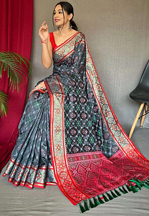 Patola Printed Art Silk Saree in Grey