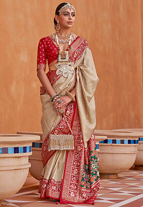 Patola Printed Art Silk Saree in Light Beige