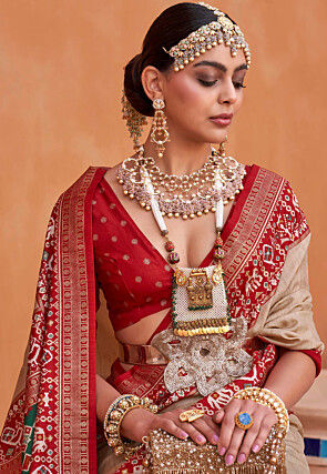 Patola Printed Art Silk Saree in Light Beige