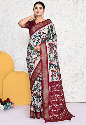 Patola Printed Art Silk Saree in Light Grey