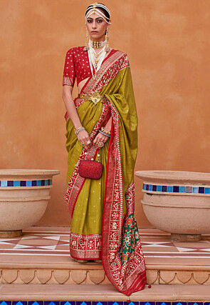 Patola Printed Art Silk Saree in Light Olive Green