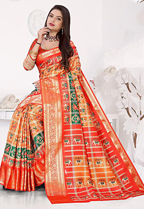 Patola Printed Art Silk Saree in Multicolor