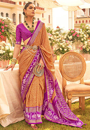 Patola Printed Art Silk Saree in Mustard