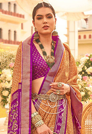 Patola Printed Art Silk Saree in Mustard