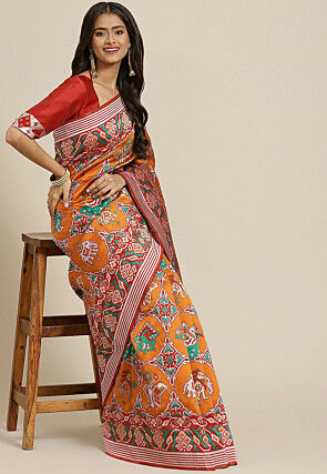Patola Printed Art Silk Saree in Mustard