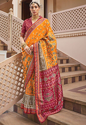 Patola Printed Art Silk Saree in Mustard