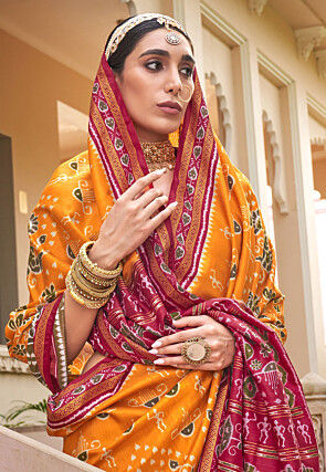 Patola Printed Art Silk Saree in Mustard