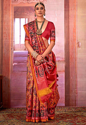 Patola Printed Art Silk Saree in Mustard