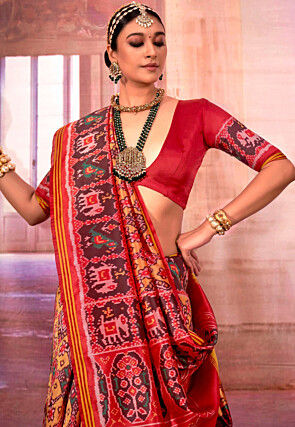 Patola Printed Art Silk Saree in Mustard