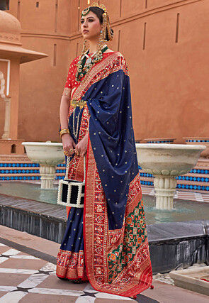 Patola Printed Art Silk Saree in Navy Blue