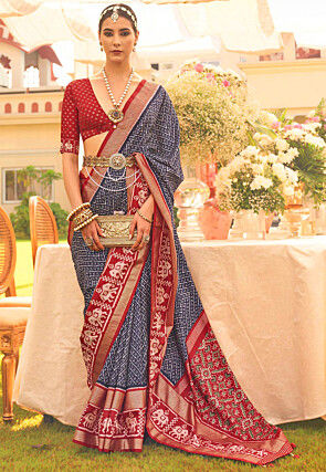 Patola Printed Art Silk Saree in Navy Blue