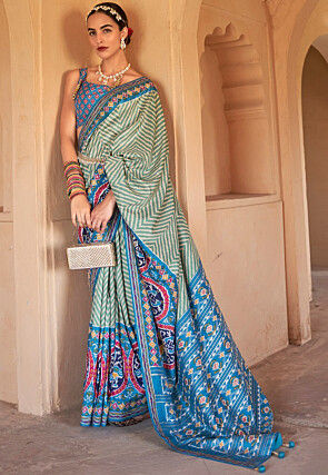 Patola Printed Art Silk Saree in Off White and Blue