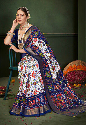 Patola Printed Art Silk Saree in Off White