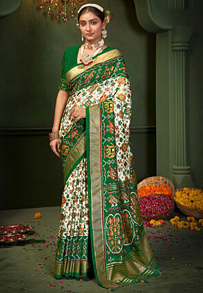 Patola Printed Art Silk Saree in Off White