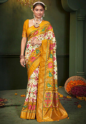 Patola Printed Art Silk Saree in Off White