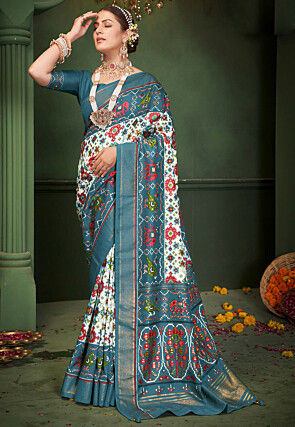 Patola Printed Art Silk Saree in Off White