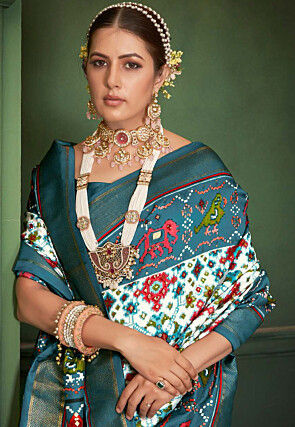 Patola Printed Art Silk Saree in Off White