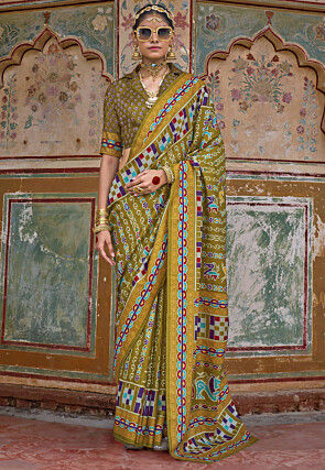 Patola Printed Art Silk Saree in Olive Green