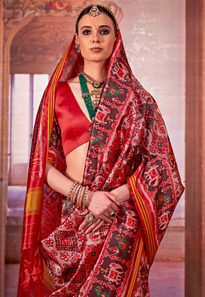 Patola Printed Art Silk Saree in Peach