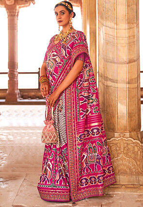 Patola Printed Art Silk Saree in Pink and Off White