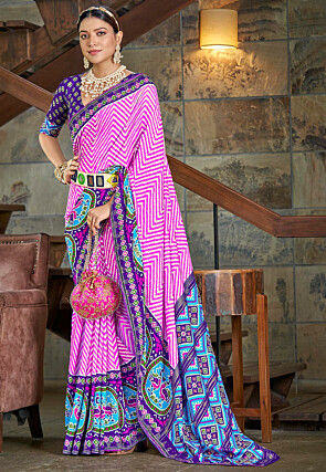 Patola Printed Art Silk Saree in Pink and Purple