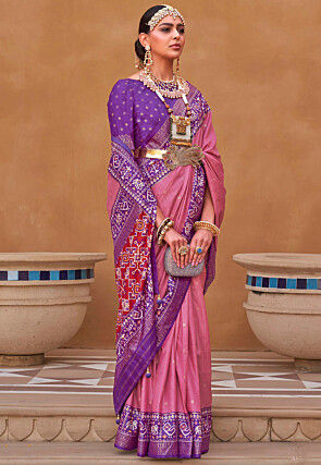 Patola Printed Art Silk Saree in Pink