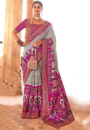Patola Printed Art Silk Saree in Purple and Off White