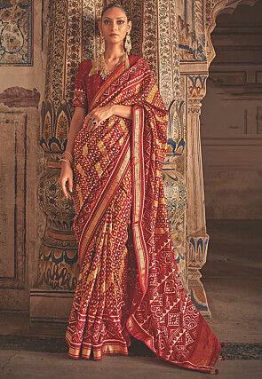 Patola Printed Art Silk Saree in Red and Multicolor