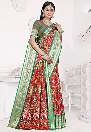 Patola Printed Art Silk Saree in Red