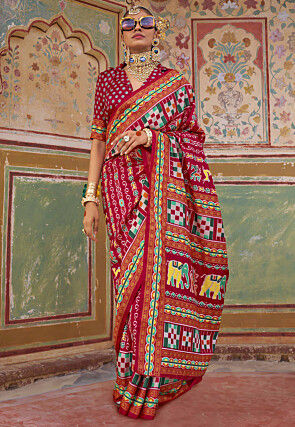Patola Printed Art Silk Saree in Red
