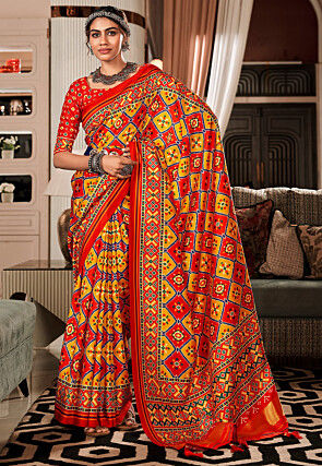 Patola Printed Art Silk Saree in Red