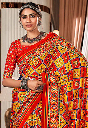 Patola Printed Art Silk Saree in Red