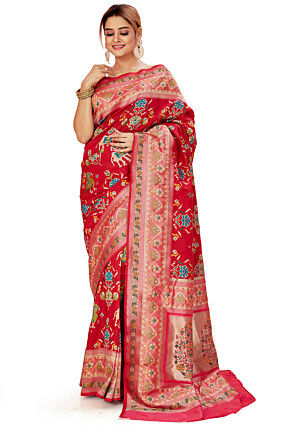 Patola Printed Art Silk Saree in Red