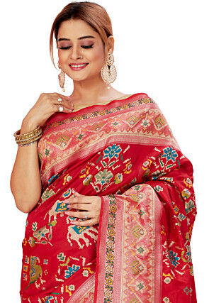 Patola Printed Art Silk Saree in Red