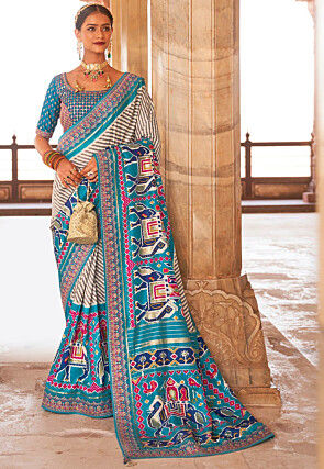 Patola Printed Art Silk Saree in Sky Blue and Off White