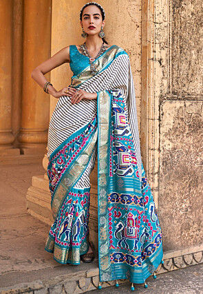 Patola Printed Art Silk Saree in Sky Blue and Off White