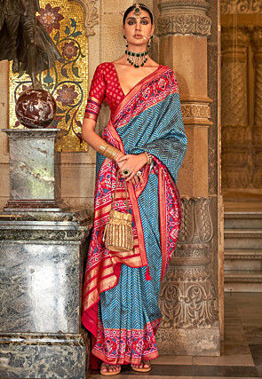 Patola Printed Art Silk Saree in Sky Blue